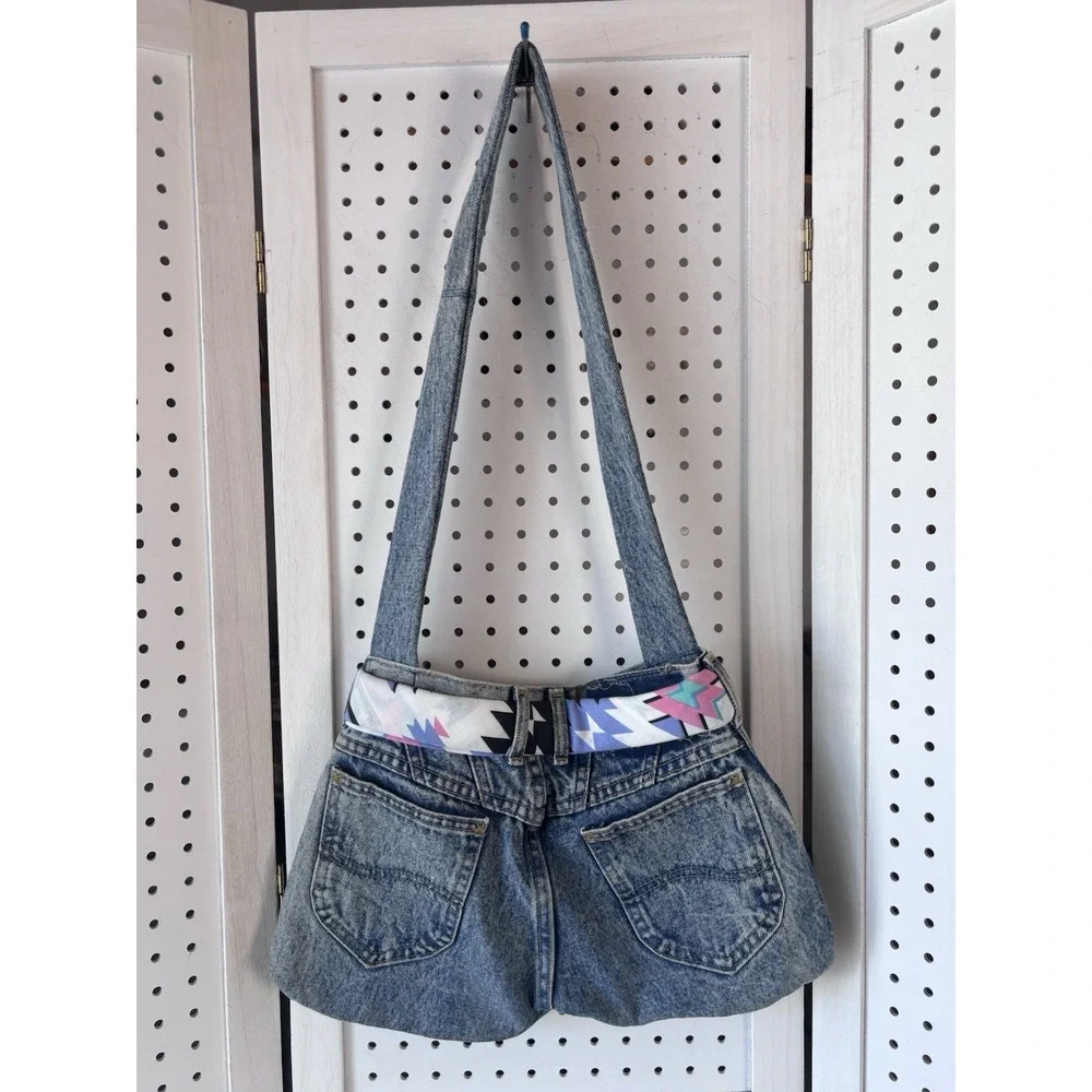 VTG Lee Denim Jeans Shoulder Bag Purse Handpainted Southwestern 90s Belted - Picture 6 of 11